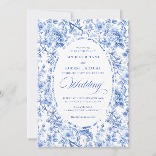 Classic Navy Blue Toile Rose Formal Wedding Invite 招待状 (正面)