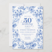 Classic Navy Blue Toile Roses 50th Birthday Invite 招待状 (正面)