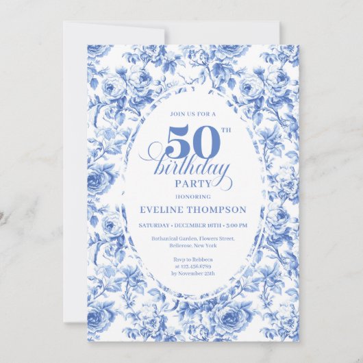 Classic Navy Blue Toile Roses 50th Birthday Invite 招待状 (正面)