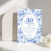 Classic Navy Blue Toile Roses 50th Birthday Invite 招待状