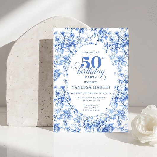 Classic Navy Blue Toile Roses 50th Birthday Invite 招待状