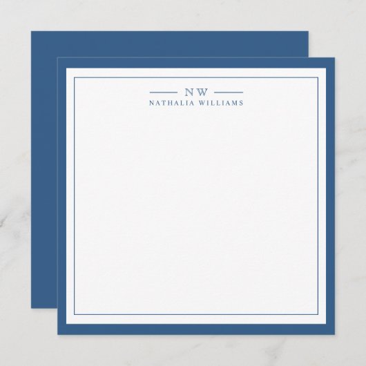 Classic Navy Blue Two Border Monogram Lined ノートカード (正面/裏面)