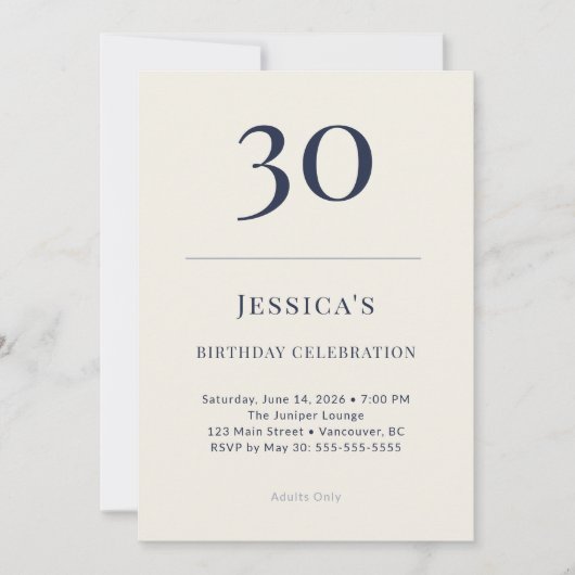 Classic Navy & Cream 30th Birthday Celebration 招待状 (正面)