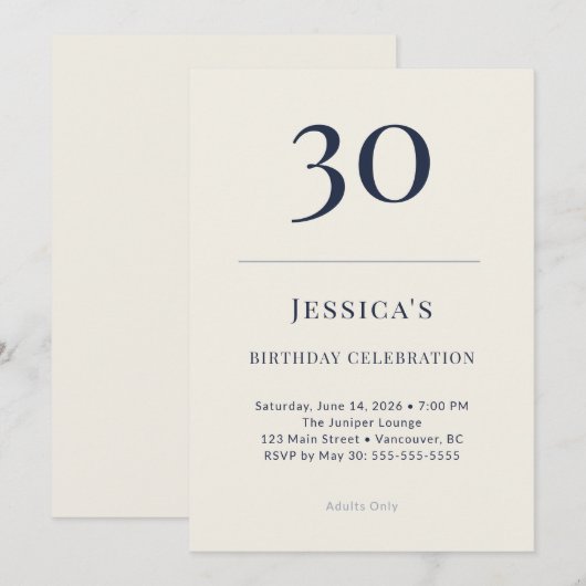 Classic Navy & Cream 30th Birthday Celebration 招待状 (正面/裏面)