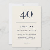 Classic Navy & Cream 40th Birthday Celebration Inv 招待状 (正面)