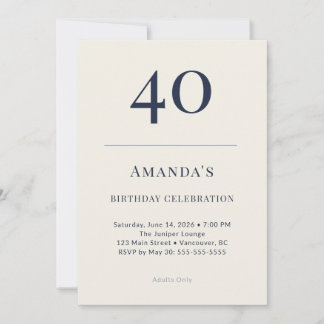 Classic Navy & Cream 40th Birthday Celebration Inv 招待状