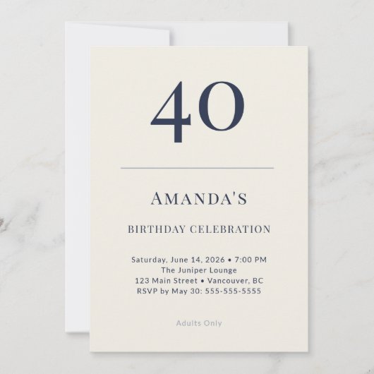 Classic Navy & Cream 40th Birthday Celebration Inv 招待状 (正面)