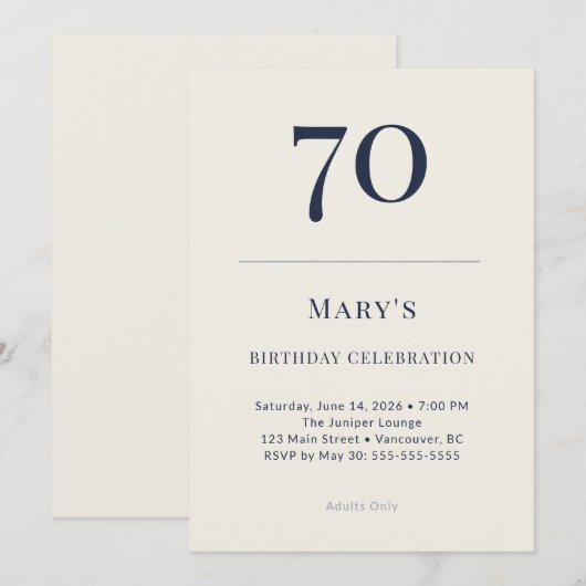 Classic Navy & Cream 70th Birthday Celebration 招待状 (正面/裏面)