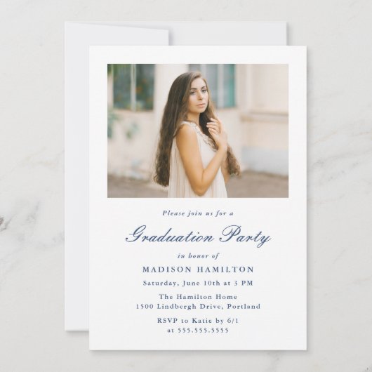 Classic Navy Double Border Frame Photo Graduation 招待状 (裏面)