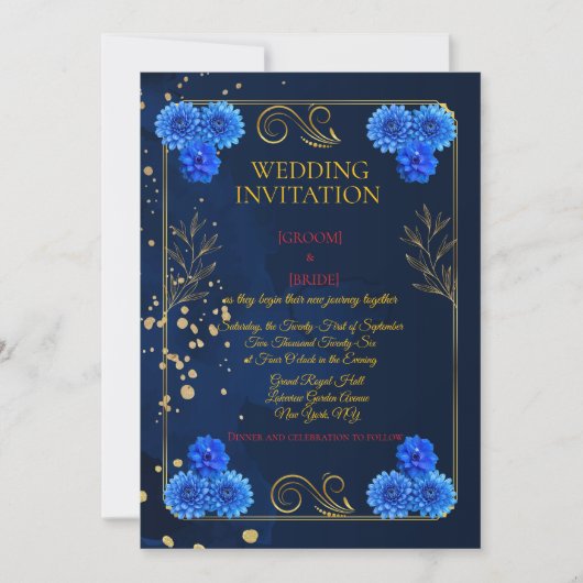 Classic Navy Floral Wedding Invite Template 招待状 (正面)