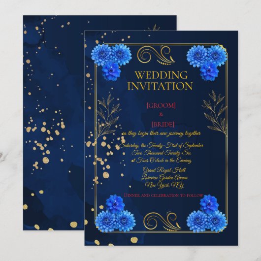 Classic Navy Floral Wedding Invite Template 招待状 (正面/裏面)