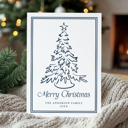 Classic Navy Hand-Drawn Christmas Tree Non-Photo シーズンカード