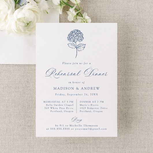 Classic Navy Hydrangea Wedding Rehearsal Dinner 招待状