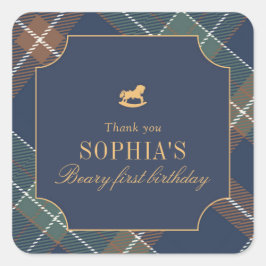 Classic Navy Plaid Teddy Bear Girl Birthday スクエアシール