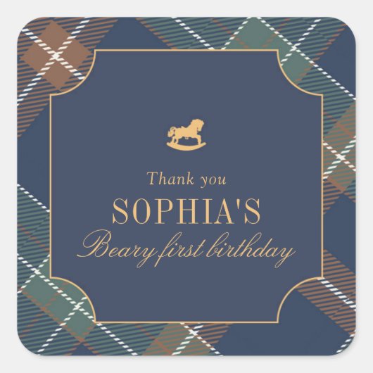 Classic Navy Plaid Teddy Bear Girl Birthday スクエアシール (正面)