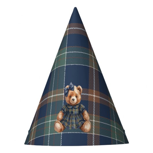 Classic Navy Plaid Teddy Bear Girl Birthday  パーティーハット (正面)