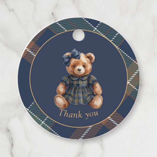 Classic Navy Plaid Teddy Bear Girl Birthday  フェイバータグ (正面)