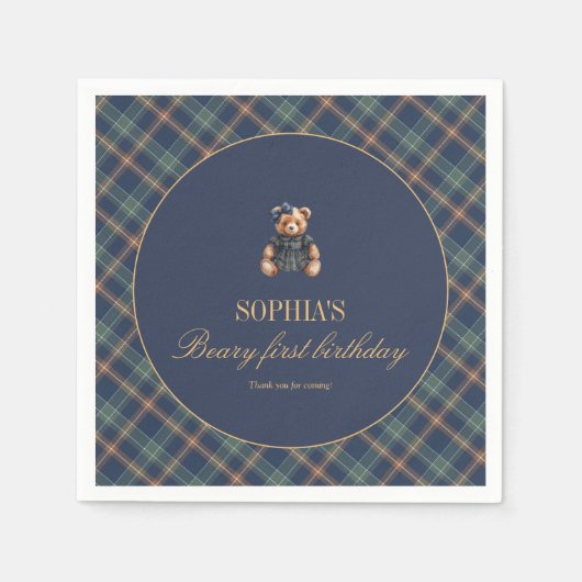 Classic Navy Plaid Teddy Bear Girl Birthday Napkin スタンダードカクテルナプキン (正面)
