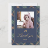 Classic Navy Plaid Teddy Bear Girl Birthday Photo  サンキューカード (正面)