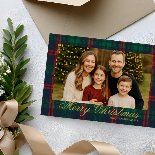 Classic Navy Tartan Plaid Photo Christmas Card 招待状