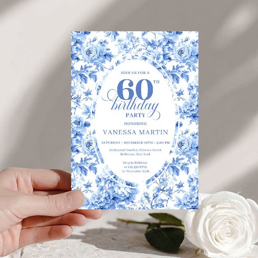 Classic Navy Toile Roses 60th Birthday Invite 招待状