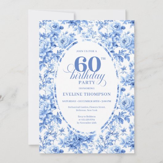 Classic Navy Toile Roses 60th Birthday Invite 招待状 (正面)