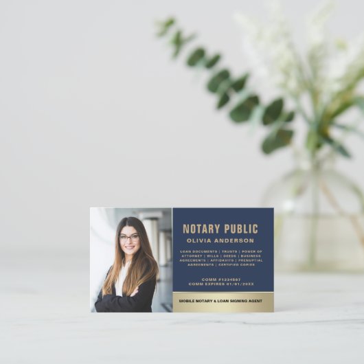 Classic Notary Public Navy Blue & Gold Photo 名刺 (スタンド正面)