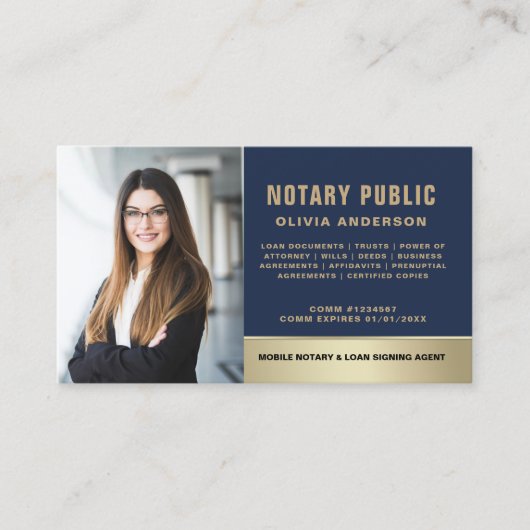 Classic Notary Public Navy Blue & Gold Photo 名刺 (正面)