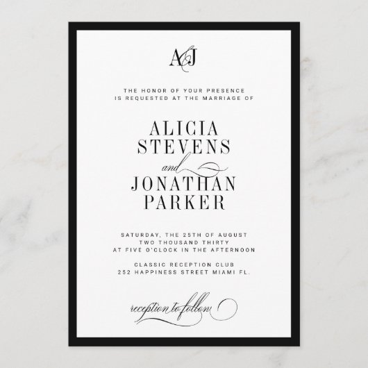 Classic old money black and white wedding 招待状 (正面)