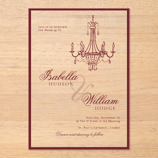 Classic Old Money Deep Red Retro Timeless Wedding アクリル招待状 (正面)