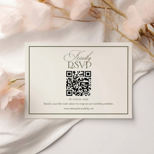 Classic Old Money Olive Green Wedding QR Code 出欠カード