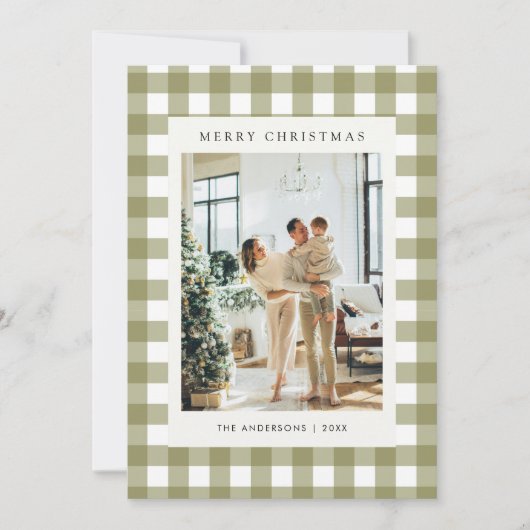 Classic Olive Gingham Plaid 5 Photo Christmas シーズンカード (正面)