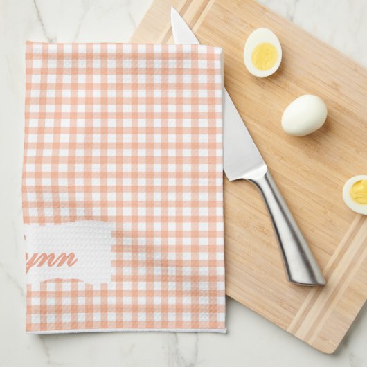 Classic Orange & White Gingham | Personalized Name キッチンタオル (四つ折り)