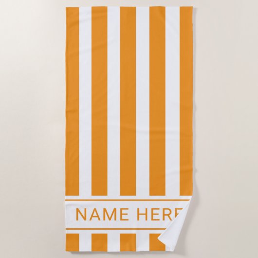 Classic Orange White Striped Beach Towel with Name ビーチタオル (正面)