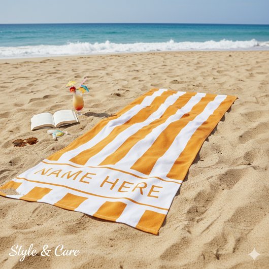 Classic Orange White Striped Beach Towel with Name ビーチタオル