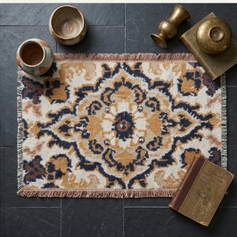 Classic Oriental Floral Mustard and Maroon Accent スローブランケット