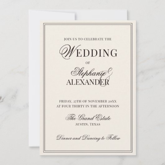 Classic Oval Black Ivory Striped Old Money Wedding 招待状 (裏面)