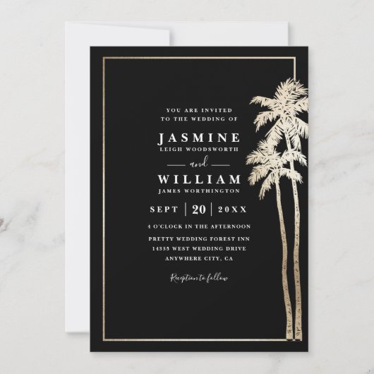 Classic Palm Trees Elegant Modern QR Code Wedding 招待状 (正面)