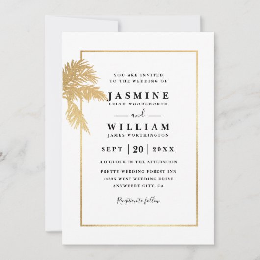 Classic Palms Trees Elegant Modern QR Code Wedding 招待状 (正面)