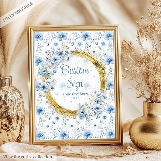 Classic pastel blue flowers gold baby custom sign ポスター