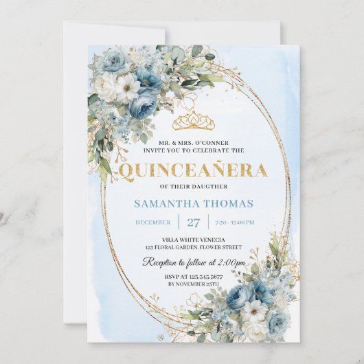 Classic Pastel Blue Gold Eucalyptus 15th Birthday 招待状 (正面)