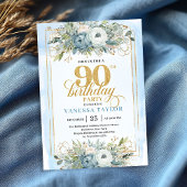Classic pastel blue gold script 90th birthday  招待状