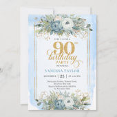 Classic pastel blue gold script 90th birthday  招待状 (正面)