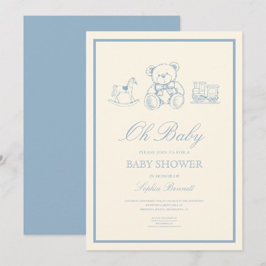Classic Pastel Blue Teddy Bear Baby Shower 招待状