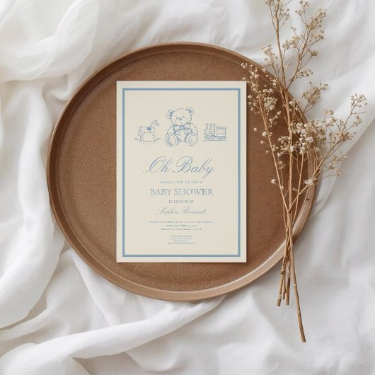 Classic Pastel Blue Teddy Bear Baby Shower 招待状