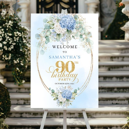 Classic Pastel Hydrangeas Gold 90 Birthday Welcome ポスター