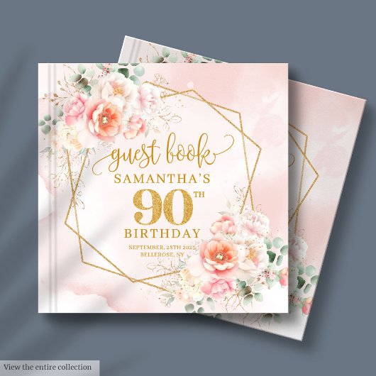 Classic Pastel Pink Gold Flowers 90th Birthday ゲストブック
