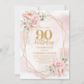 Classic Pastel Pink Gold Flowers 90th Birthday 招待状 (正面)