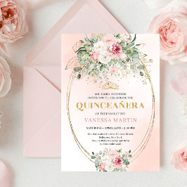 Classic Pastel Pink Rose Gold Quinceañera Invite 招待状