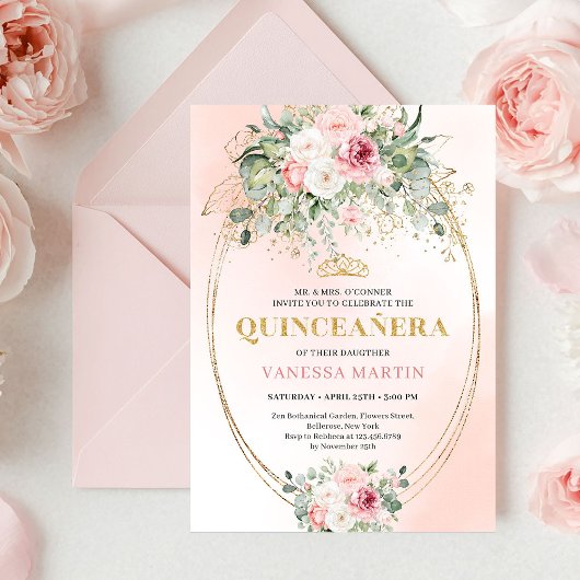 Classic Pastel Pink Rose Gold Quinceañera Invite 招待状
